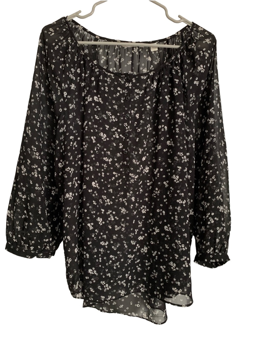 LAUREN CONRAD Women’s Black White Floral Print 3/4 Sleeve Sheer Blouse